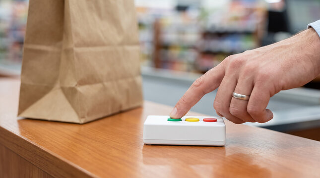 Customer providing feedback on service satisfaction by pressing green button at checkout, shopping experience rating