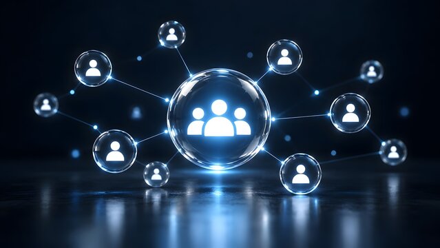 Digital networking concept with connected people icons inside glowing transparent spheres representing global communication and teamwork