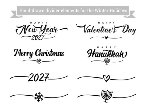 A set of hand-drawn divider elements for the winter holidays. Vector illustration for Happy New Year 2027, Christmas, Valentines Day and Happy Hanukkah greeting card or poster design