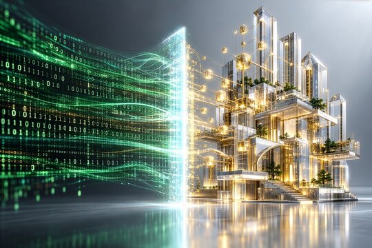 Dynamiczny render 3D obrazujący generowanie kodu przez sztuczną inteligencję. Cyfrowy kod przechodzi przez "filtr AI" i materializuje się jako architektoniczna struktura z lśniącego szkła i światła.