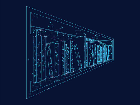 Futuristic bookshelf wireframe digital illustration glowing with bright blue light