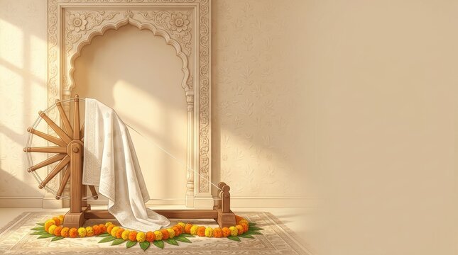 Traditional wooden spinning wheel charkha with orange marigold flowers for gandhi jayanti celebration in a rustic indian home setting with warm sunlight