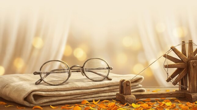 Vintage round glasses resting on a stack of folded fabric with a small wooden spinning wheel in a warm and cozy home workshop setting