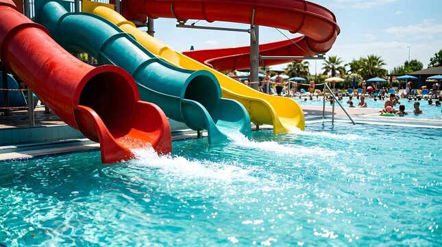 Colorful water slides in a vibrant aqua park or resort swimming pool, featuring bright red, yellow, and blue tubes splashing into clear blue water under a sunny summer sky for family vacation fun.