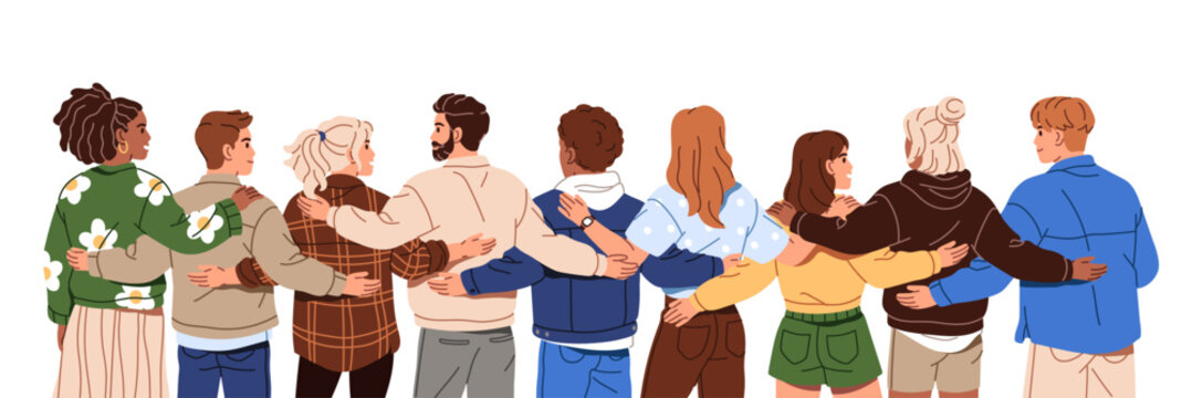 Group of people in line hugs back view. Happy friends hug from behind. Diverse characters embrace and support. Team cuddles, cares and helps together. Friendship, unity and international community