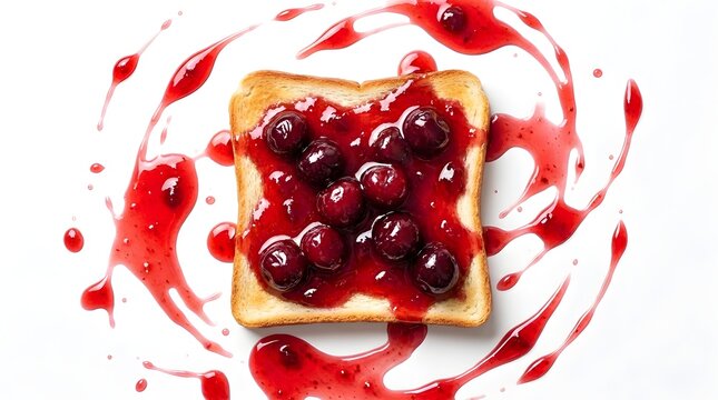 Delicious slice of toasted white bread topped with rich red cherry preserve and whole sweet cherries, artistically surrounded by jam splashes on a clean white background, top view food photography.