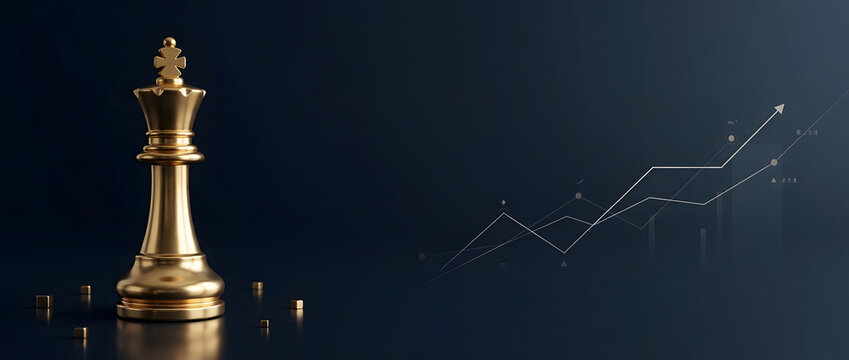 Strategic Leadership and Financial Success Concept featuring a Golden Chess King Piece with an Upward Growth Trend Graph on a Professional Dark Background for Business and Investment Planning