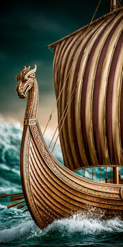 Viking longship with carved dragon prow and dramatic striped sail sailing through rough sea, ideal for Nordic history, mythology, adventure posters, book covers and game designs