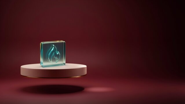 A glowing teal flame icon made of glass sitting on a circular platform against background with colored circular pedestal translucent glass square