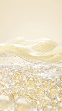 Macro Close-up of Yellow Gold Cosmetic Gel Waves with Micro Bubbles for Vitamin C Serum and Deep Skin Hydration