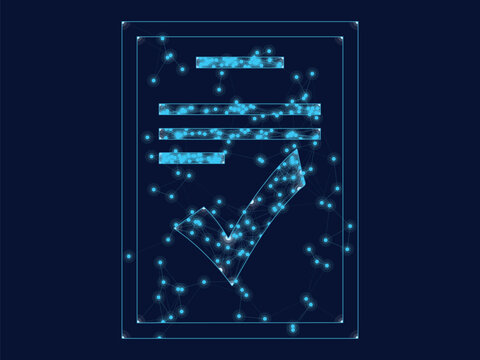Digital agreement document showing check mark symbol glowing wireframe