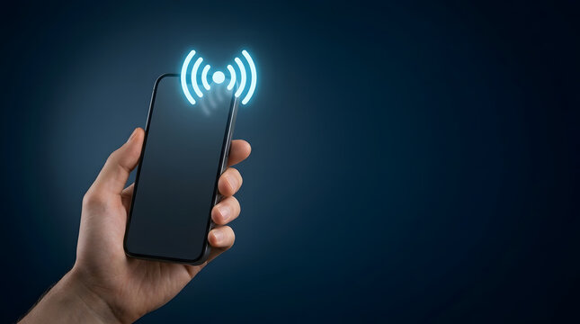 Close up of a person holding a generic smartphone with a glowing blue wireless signal icon above it, representing high-speed internet connectivity, mobile banking, and digital communication technology