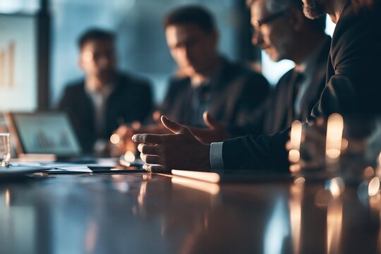 Corporate executives collaborate during strategic business meeting in boardroom. Team of professionals analyze market data together on conference table