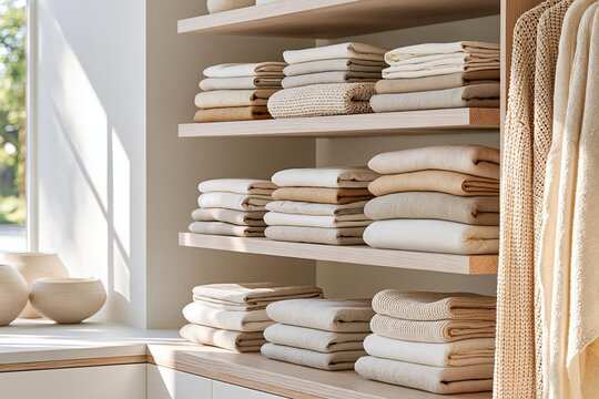 Neatly folded linens and blankets stacked on wooden shelves. Comfortable home textiles are organized for storage in a clean closet