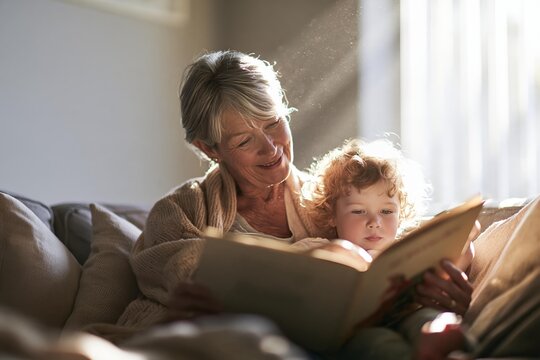 Grandmother reads a book to a young child on a sofa. Two people share a quiet moment indoors. Family bond and education are cherished