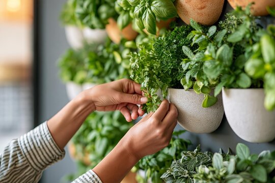 Hands tending fresh herbs in vertical garden pots. Kitchen plants growing indoors for culinary use. Small business owner maintaining urban farm