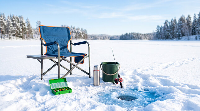 Ice fishing chair and gear set on a frozen lake in winter  