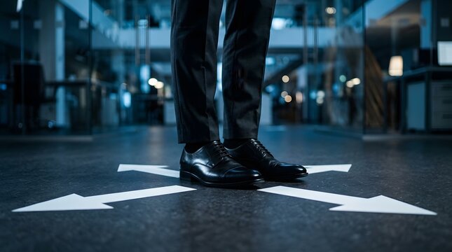 Businessman in Formal Leather Shoes Standing at a Crossroad with Four Directional Arrows on the Floor, Representing Career Choices, Strategic Decision Making, and Future Path in a Modern Office.