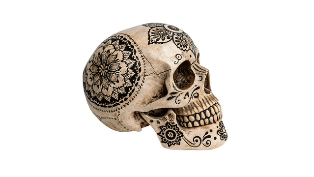 Ornate decorative human skull with floral pattern halloween isolated on transparent background