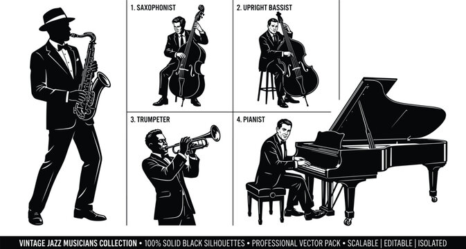 Vintage jazz musicians collection featuring a saxophonist, upright bassist, trumpeter, and pianist in solid black silhouettes