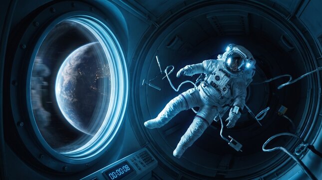 Astronaut floating inside a futuristic space station module looking at planet Earth