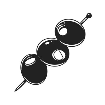 Three black olives on a skewer, drawn in bold monochrome line art. Suitable for food illustrations, restaurant menus, packaging, posters and culinary designs.