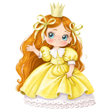 Cute cartoon princess in a green and gold dress greets the viewer watercolor illustration