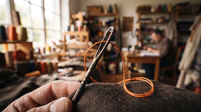 Close-up of a large sewing needle and orange thread in a traditional workshop