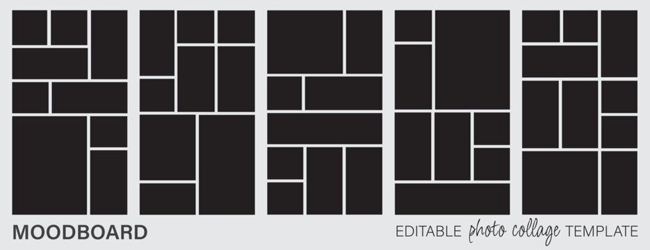 Dark photo collage moodboard template set vector layout with vertical bento grid frame collection for social media post storyboard and branding portfolio display