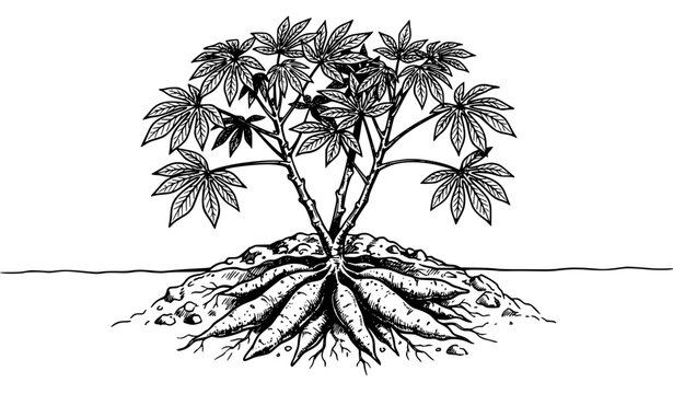 Black and white hand drawn cassava plant with roots and leaves farming vector illustration