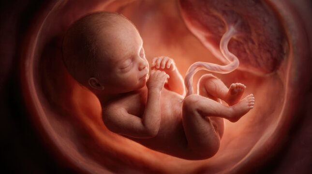 Biological maturation journey: early embryo, fetal development, cellular stage, internal view, maternal pregnancy, uterine chamber, human life, sacred creation.