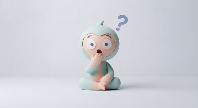 Cute papercraft character sitting with hand on mouth looking surprised with a question mark
