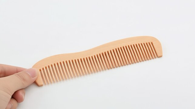 Wood comb held by hand over white background, seen from above