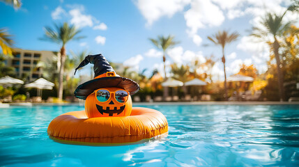 Fototapeta premium A Halloween pumpkin wearing a witch's hat and sunglasses floats in a pool against the backdrop of a tropical hotel and palm trees—a fun concept for Halloween and summer vacations