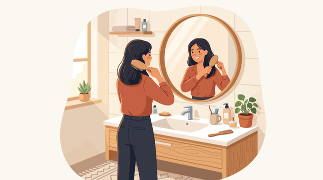 Illustration of a woman brushing hair in front of a bathroom mirror
