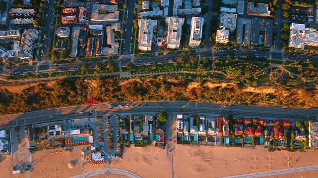 Overhead view of a coastal bluff and roads in Santa Monica. A strip of trees separates city buildings from beachside homes and traffic lanes.