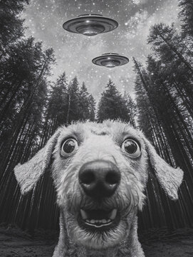 Ethereal Canine, Alien Sighting, Surreal Forest, Dog's Expression of Awe