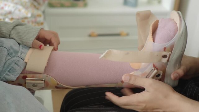 Caregiver fitting medical orthosis brace on child leg for corrective therapy and support at home.