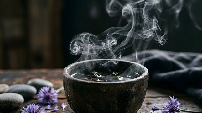 Mist Steaming Bowl on Rustic Wooden Surface with Purple Flowers