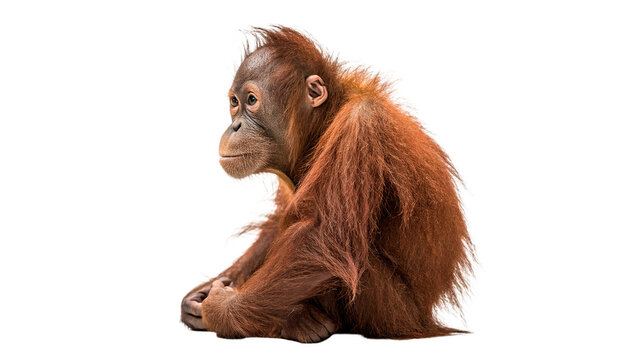 Small wild young orangutan monkey cub sitting isolated on transparent background