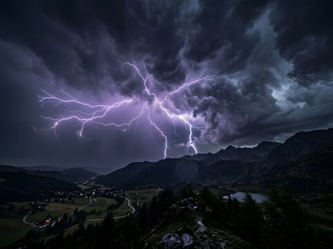 Spectacular thunderstorm landscape: Forked lightning bolt flashing across dark sky over mountains and rural village.