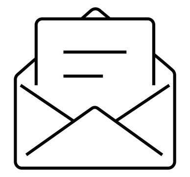 Open envelope line art icon showing a letter inside with black and white envelope document communication correspondence business