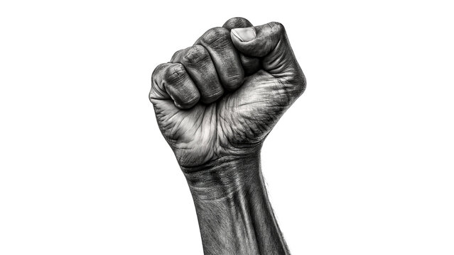 Monochrome black and white human raised fist gesture strength isolated on transparent background