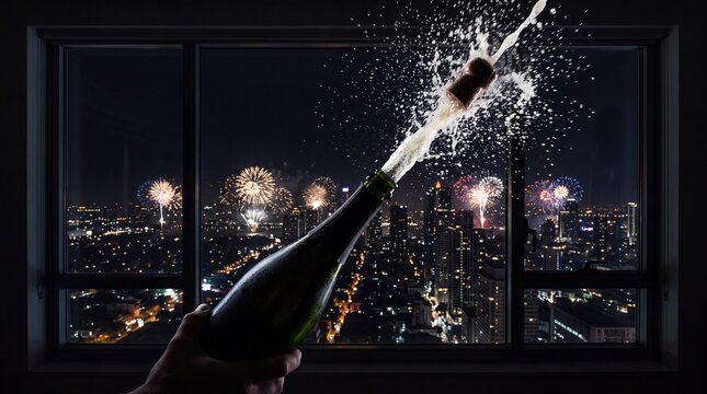 Champagne bottle popping cork indoor celebration night city view with colorful fireworks