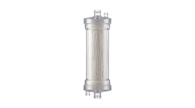 Clear laboratory borosilicate glass filtration chromatography column tube. Scientific chemical separation purification lab apparatus. Isolated on transparent background.