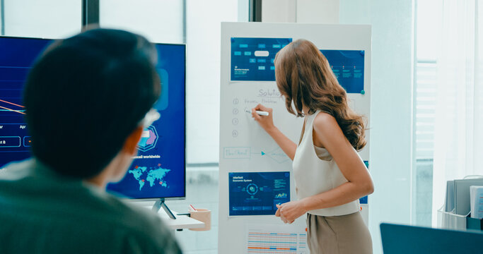 Group of Asian businesspeople work together leads business meeting uses presentation TV with revenue, profit or sale statistics in office. Financial generation z team brainstorm on e-Commerce project.