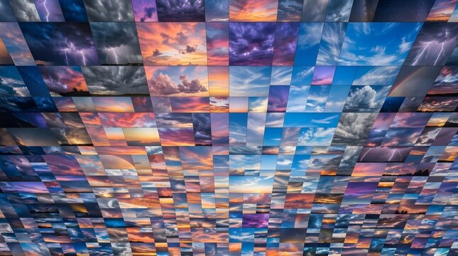 Diverse celestial sky collage featuring various cloud formations and atmospheric phenomena.