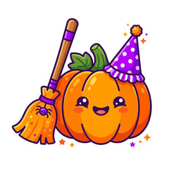 Fototapeta premium Cute Halloween Pumpkin with Party Hat and Broomstick, Kawaii Style