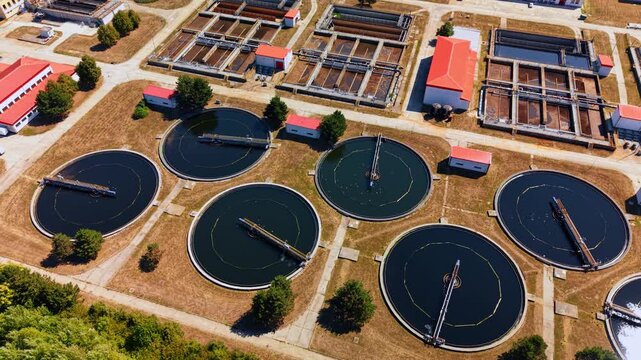 Circular clarifier tanks at a wastewater treatment plant. An overhead angle reveals scraper bridges across dark pools beside rectangular processing basins.