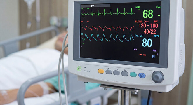 Electronic patient vital signs monitor displaying heart rate and electrocardiogram readings beside a hospital bed in an intensive care unit